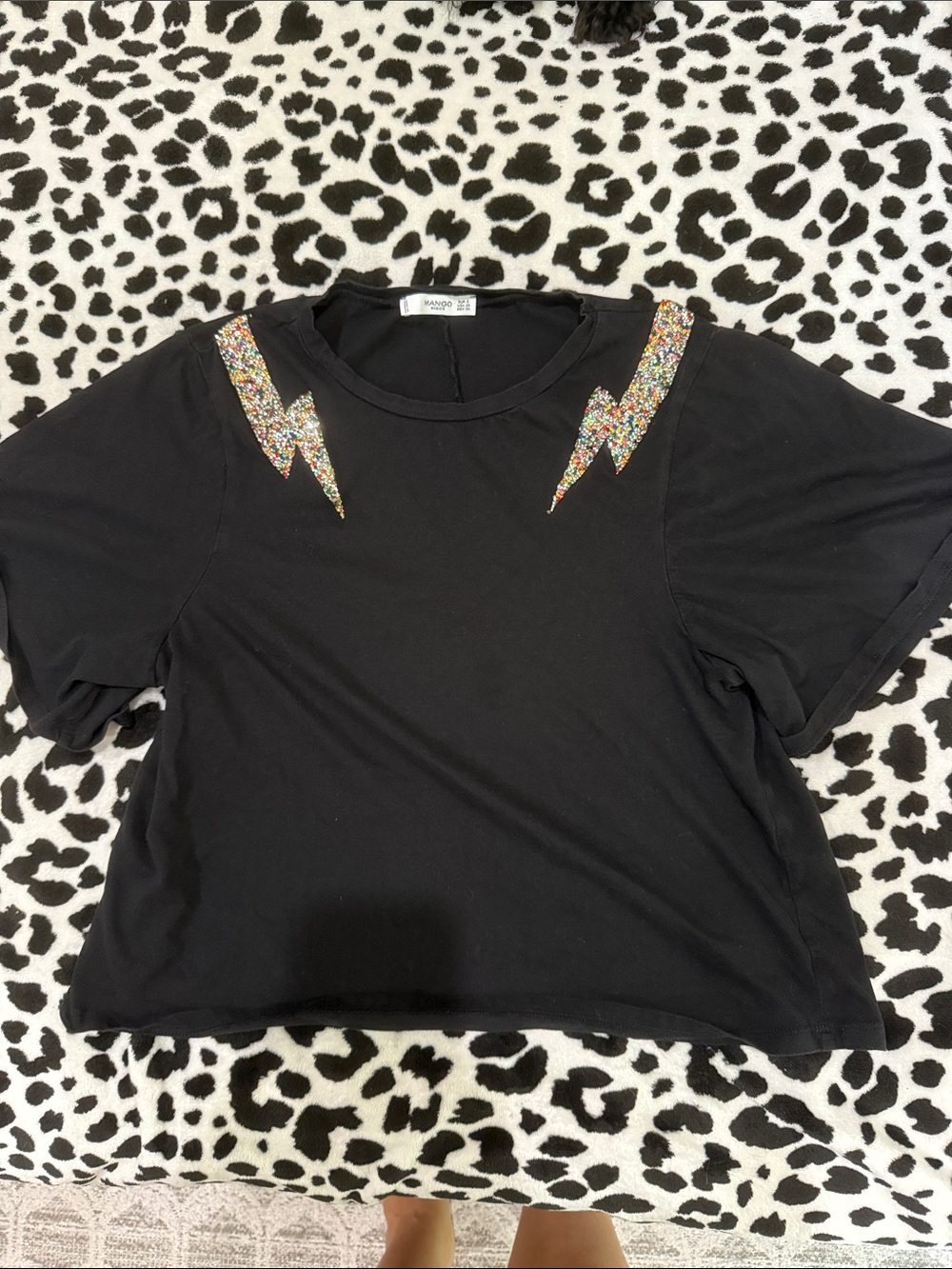 Mango Black Short Sleeve Tee with Multicolor Glitter Lightning Bolts